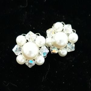 Art Deco Style Faux Pearl Cluster Clip On Earrings / Vintage Costume Jewelry